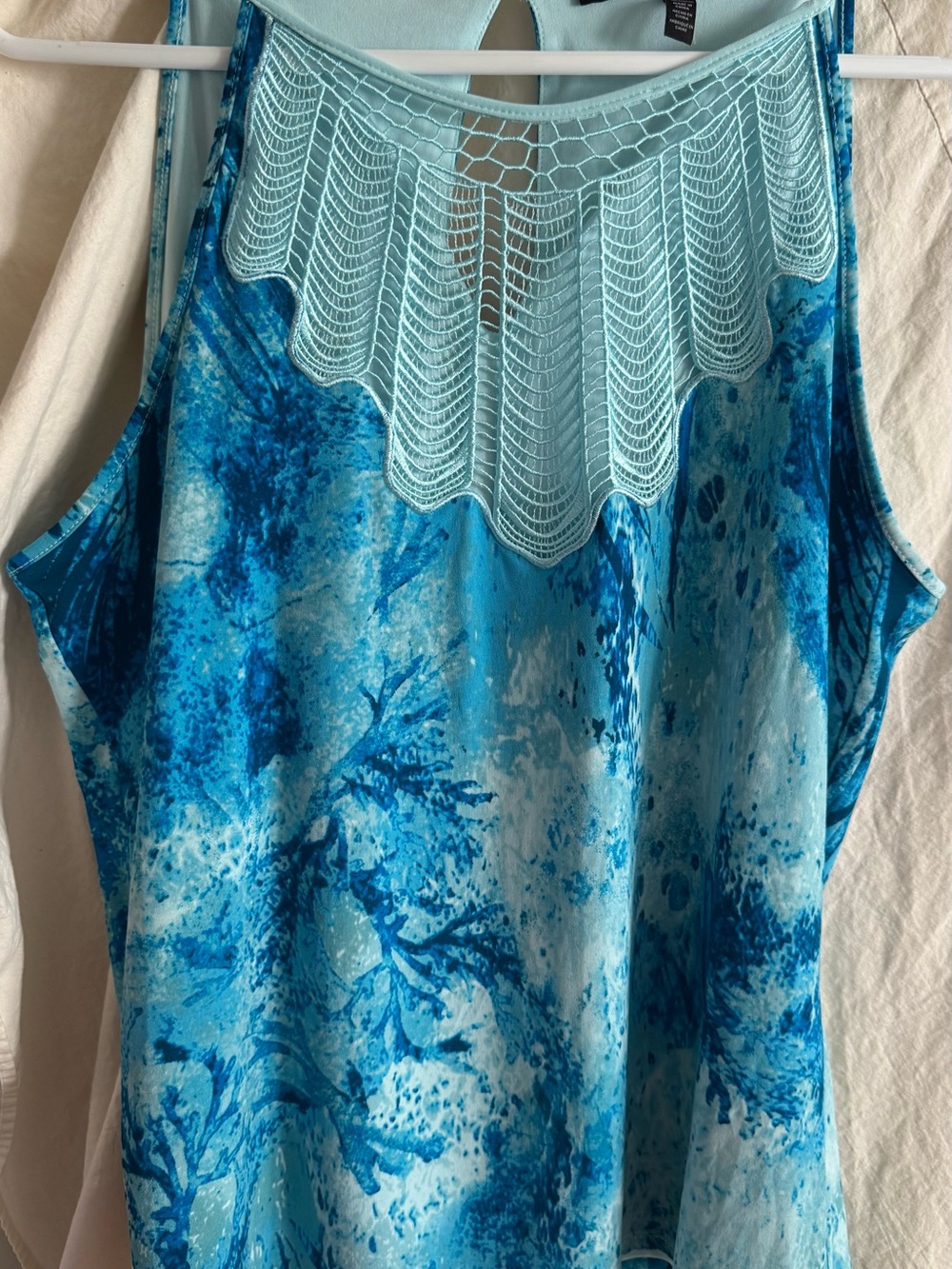 White House Black Market Light Blue Crochet Yoke Tank